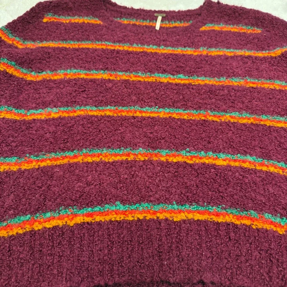 Free People Alpaca Blend Sweater Womens M Burgundy Striped Boucle Boho Pullover